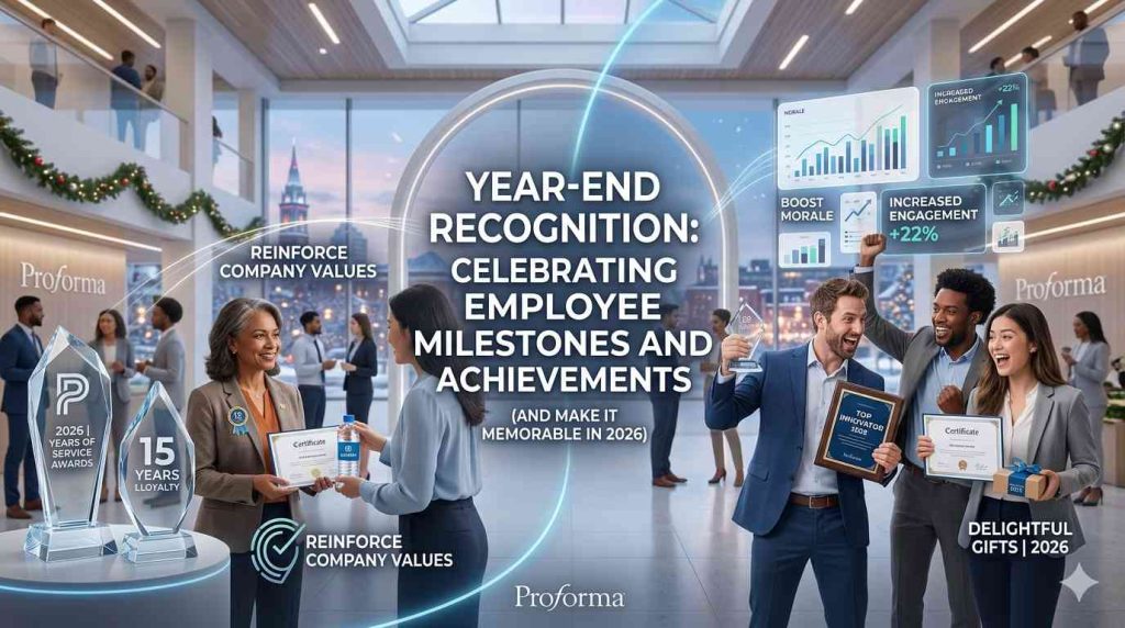 year-end employee recognition celebrating milestones and achievements with Proforma awards