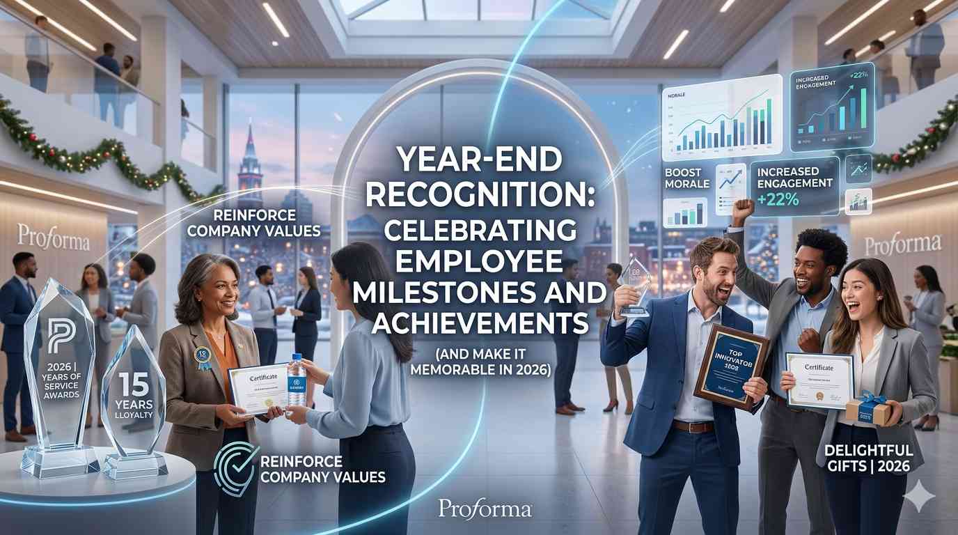 year-end employee recognition celebrating milestones and achievements with Proforma awards